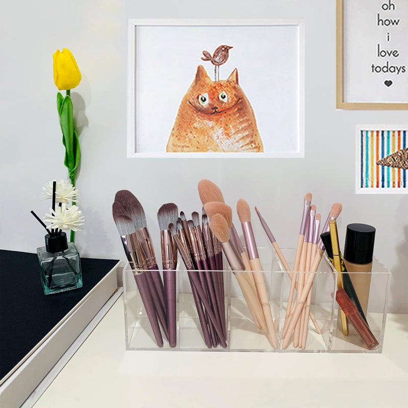 HSYMQ Acrylic Clear Pen Holder 5 Compartments Pencil Holder Desk Organizer Desktop Makeup Brush Holder - Image 5